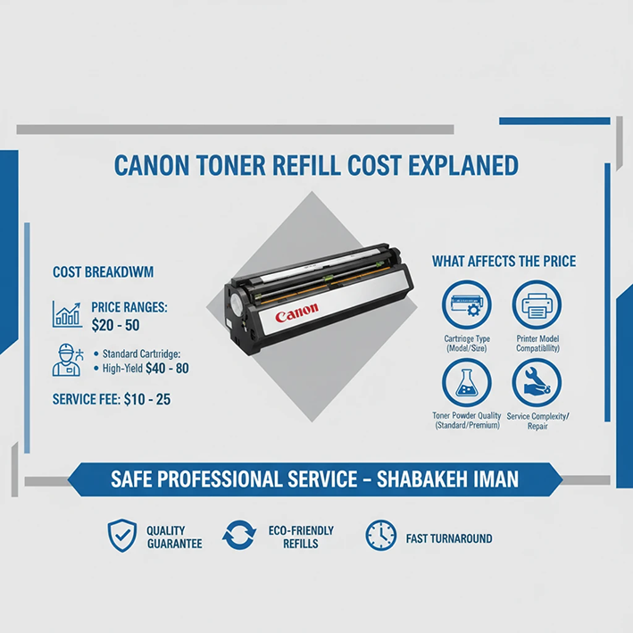 بخش سوم: جدول تخمینی هزینه شارژ مدل‌های رایج کارتریج کانن (سال ۱۴۰۴)