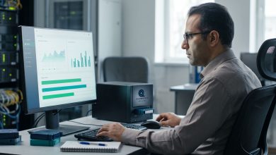 کارشناس امنیت در کنار تیپ لایبرری در اتاق سرور ایران تیپ درایو